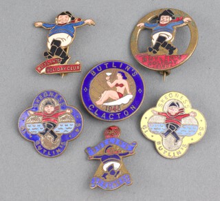 A Butlins Holiday Club enamelled badge by Thomas Fattorini, another unmarked, a Butlins Clacton 1946 badge and 3 Butlins Skegness enamelled badges - 1952 marked Jewellers Co Dublin and 2 x 1954 both marked Reeves & Co 