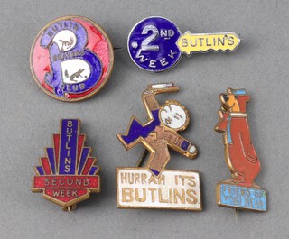 A Butlins beaver enamelled badge by Firmin, 2 Butlins 2nd Week badges - one marked F & S the reverse marked B'Ham Medal & Badge Ltd, a Hurrah Its Butlins badge (damage to the enamel) and a Friend of Yogi Bear badge by T M Screen 