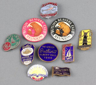 Seven Butlins enamelled badges - Butlins Reunion Albert Hall 1946, Skegness 1949 marked W Reeves & Co, Festival of Reunion 1952 marked Jewellery Co Dublin, Margate 1956 marked Jewellery Co Dublin, Brighton 1959 marked J R Gaunt and 1964 marked J R Gaunt and Bognor 1962 marked W Reeves & Co, together with 2 Beaver Club reunion badges and a Pontins Brean Sands badge marked W J Dingley