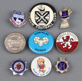 Of sporting interest, a Metropolitan Police cricket club lapel badge, a National Sea Training School lapel badge marked J R Gaunt, a Race Walking Association enamelled lapel badge, ditto Wembley Speedway Supporters Club marked Thomas Fattorini, an enamelled Chelsea FA Cup Winners badge marked Coffer London,  a Chelsea Dodge badge, a World Cup Willie badge and enamelled badge marked Richmond  