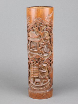 A Chinese carved bamboo brush pot/vase 37cm x 11cm decorated figures 