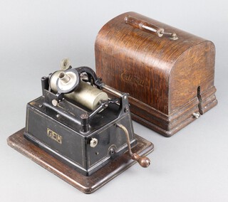 An Edison Gem phonograph (no horn) Serial number G172930, contained in a wooden carrying case   together with 12 Edison amberol record cylinders and 8 Edison blue amberol cylinders 