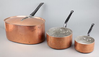 A 19th/20th Century unmarked oval copper saucepan with lid 17cm x 38cm x 24cm together with 2 unmarked saucepans 11cm x 20cm diam and 7cm x 14cm 