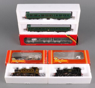 A Hornby Dublo tank engine  R315, 1 other R157, together with a diesel rail car power coach and trailer coach R157, all boxed