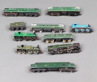 A Triang locomotive and tender Britannia R259, a Hornby tank engine R868M7, a Hornby R103MK tank engine, a Hornby R351 Thomas The Tank Engine, a Triang R357 diesel locomotive, a Hornby R758 diesel locomotive and a Triang R751 Class 37 Type 3 diesel locomotive, a Playcraft P837 Class 29 diesel locomotive, a Lima Class 33 diesel locomotive