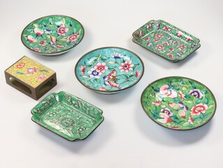 A yellow and floral ground Chinese cloisonne enamelled Matchbox cover 6cm x 3cm x 4cm, 3 circular dishes 9cm (chips and damage) together with 2 rectangular dishes 9cm x 5cm and 7cm x 6cm 