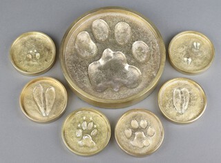 Rowland Ward (1848-1912), British, a set of 6 African animal brass paw print coasters - Serval Cat, Bushbuck, Damaraland Dik-Dik, a Klipspringer, a Jackal and an Impala 8cm diam., together with 1 other 17cm 