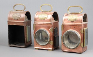 Three, Shand Mason & Co. copper and brass fire engine lanterns 24cm x 13cm x 4cm (1 missing a door)