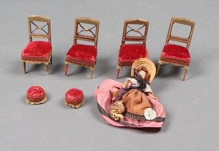 4 dolls house bar back chairs 11cm (1 with centre missing, 1 with leg a/f), together with 2 footstools and a costume doll