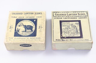 A set of 8 Primus Junior Lecturer Series magic lantern slides "The Elephants Revenge" no.508 and 1 other set of 8 "The Queen of Hearts" no. 520, both boxed 