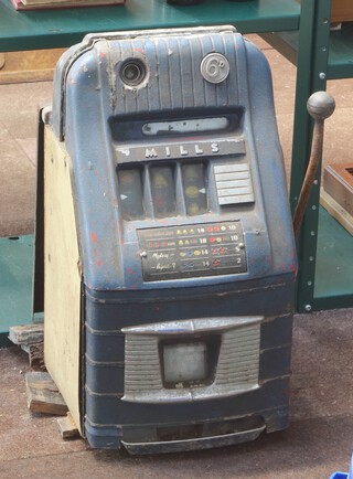 A 1960s Mills 6d one armed bandit Fruit Machine in original blue with chrome detailing, mechanism seized and internals rusted, 66cm h x 36cm w  x35cm d