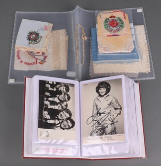 Eight First World War embroidered greetings cards together with a small album of of First World War and later postcards, together with 5 First and Second World War embroidered sweetheart handkerchiefs 