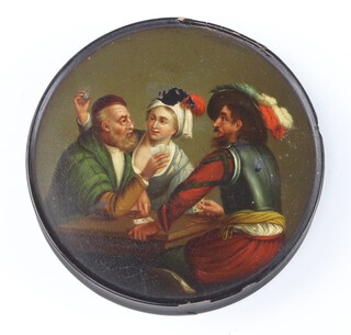 A 19th Century papier mache painted tobacco box decorated with revellers, internally inscribed 10cm 