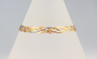 A 14ct four strand three colour gold bracelet, 18cm, 3.6 grams 