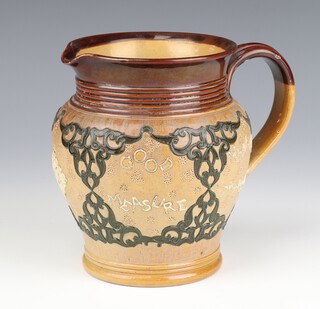 A Doulton Lambeth jug "Bread at Pleasure, Drink by Measure, Good Measure, Heavens Treasure" 1863, 16cm 