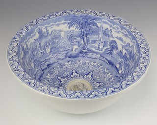 A Twyford circular transfer print basin with extensive landscape scene with figures and ceramic plug 32cm 