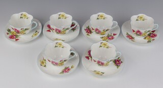 Six Shelley Begonia pattern tea cups and saucers (1 cup cracked)