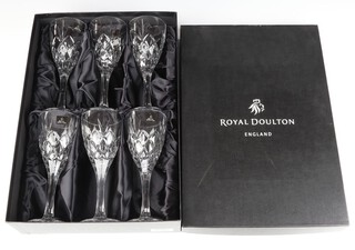 Six Royal Doulton cut glass wine glasses, boxed