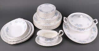 A Richmond Blue Rock part dinner service comprising oval meat plate, tureen and cover (cracked), 6 side plates, 11 tea plates, oval dish, sauce boat and stand (handle stuck) and 3 Royal Albert twin handled butter plates (all seconds) and 2 similar Pyrex plates 