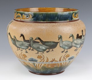 A Royal Doulton Florence Elizabeth Barlow jardiniere decorated with panels of ducks, impressed monogram FEB and no.882/6714 28cm