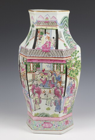 A 20th Century antique style Chinese hexagonal vase decorated with panels of figures at pursuits 50cm, character mark to base 