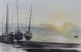 Frans de Leij, Dutch, watercolour signed and dated 2007, moored vessels 35cm x 54cm 