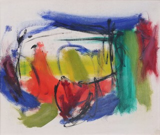 Jean Patricia Taprell Clark, 1930-1973, abstract oil on board, label on verso 49cm x 59cm 