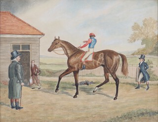 19th Century watercolour unsigned, naive study of a jockey on horseback with attendants, 38cm x 48cm 