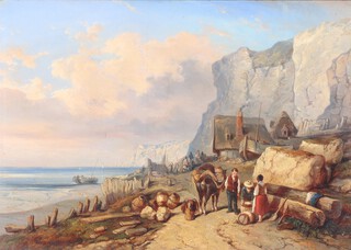 19th Century oil on canvas unsigned, English beach scene with fishermen and vessels beneath chalk cliffs,  31cm x 44cm 