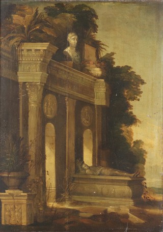 19th Century Continental oil on board unsigned, study of a classical tomb 49cm x 36cm 