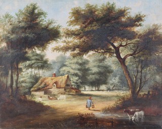 19th Century oil on canvas unsigned, woodland scene with cattle, figure and cottage 39cm x 49cm 