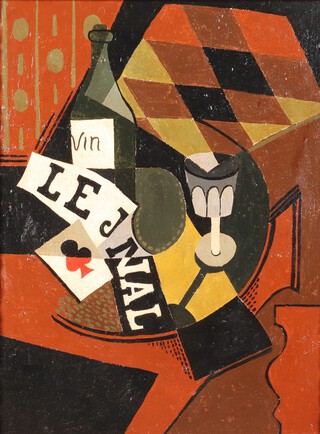 20th Century oil on board, still life composition of a bottle, a glass and playing cards in a fancy frame 69cm x 52cm 