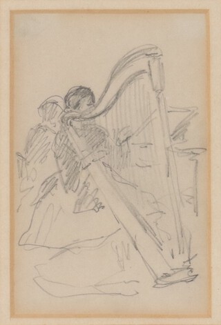 20th Century pencil sketch unsigned, study of a harpist 14cm x 9cm 