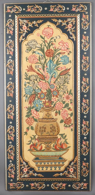 20th Century Continental painted panel of a vase of flowers 150cm x 67cm 