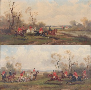 Rudolph Stone (1838-1914), oils on panel a pair, signed, fox hunting studies, labels on verso 15cm x 30cm 