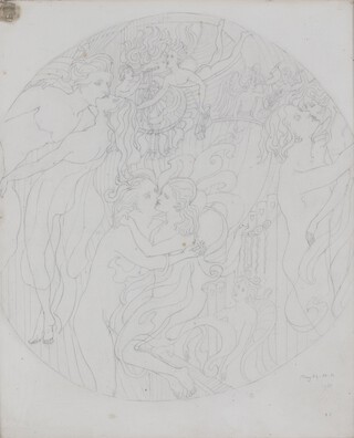 An early 20th Century pencil sketch, unsigned, "The Lovers Idyll" inscribed May 29.30.31 and 1920, 31cm x 31cm 