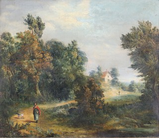 19th Century oil on canvas unsigned, country lane with figures and buildings 28cm x 34cm 