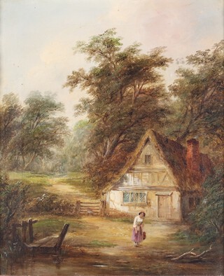 Robert Burrows (1810-1883) oil on canvas, figure before a cottage, label on verso 28cm x 24cm 