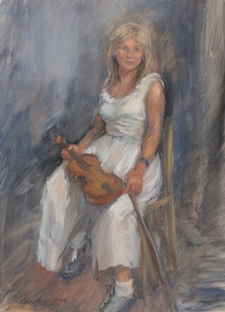 Susan O'Brien Mclean, oil on board, seated violinist, signed and dated 1984 51cm x 37cm 