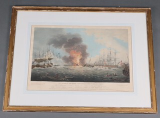 P W Tomkins, 19th Century coloured engraving to Admiral Sir Hyde Parker KT.Commander in Chief, "The Defeat of the Danish Fleet and Batteries"  51cm x 74cm 