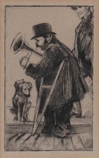 Etching, unsigned, a trombone player with a dog in attendance 12cm x 8cm 