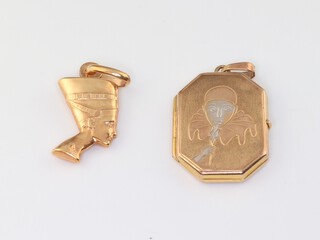 A 9ct yellow gold octagonal locket with etched Pierrot and another in the form of a Pharaoh, 4.7 grams 