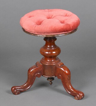 A Victorian circular mahogany, revolving and adjustable piano stool, raised on a bulbous turned column and tripod base 48cm h x 38cm diam. 