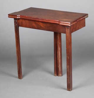 A 19th Century mahogany card table, raised on square tapered supports 72cm h x 75cm w x 37cm d 