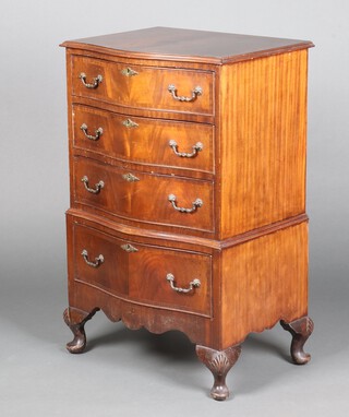 A Georgian style crossbanded mahogany serpentine fronted chest of 4 drawers, raised on cabriole supports 101cm h x 63cm w x 47cm d 