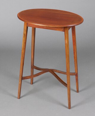 An Edwardian oval crossbanded and Inlaid mahogany occasional table, raised on square tapered supports with X framed stretcher 70cm h x 53cm w x 37cm d 