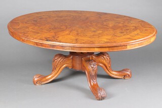 A Victorian oval quarter veneered walnut Loo table, raised on a bulbous turned column and tripod base (cut down for use as a coffee table) 53cm h x 145cm w x 106cm d 