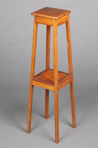 An Edwardian square inlaid oak 2 tier jardiniere stand, raised on outswept supports 90cm h x 20cm w x 20cm d 