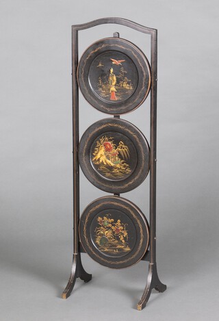 A 1930's circular black lacquered chinoiserie 3 tier folding cake stand 87cm h x 27cm x 22cm 