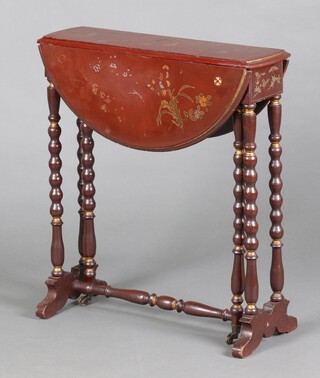 A 1930's red lacquered chinoiserie Sutherland table, decorated carp and flowers,  raised on bobbin turned supports 72cm h x 65cm  x 18cm 